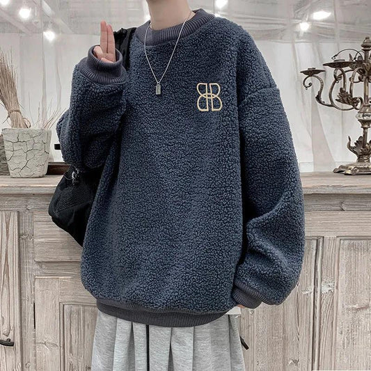 Autumn and Winter Plus Velvet Padded Round Neck Sweater Men's Loose Hedging Warm and Comfortable Jacket