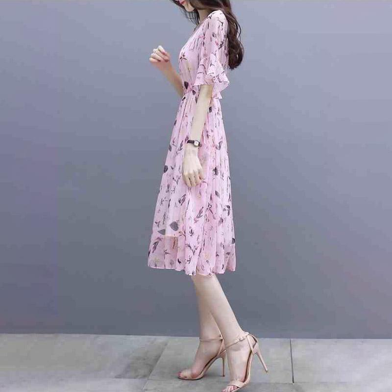 Women Spring Flower Print Dress V Neck Casual Three Quarter Sleeve Ruffles Split Dress Female Elegant A Line Party