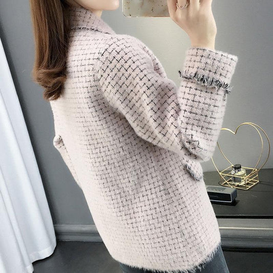 Women's Autumn and Winter Jacket Loose Long Sleeves Small Fragrance Knit Cardigan Lapel Fashion Sweater