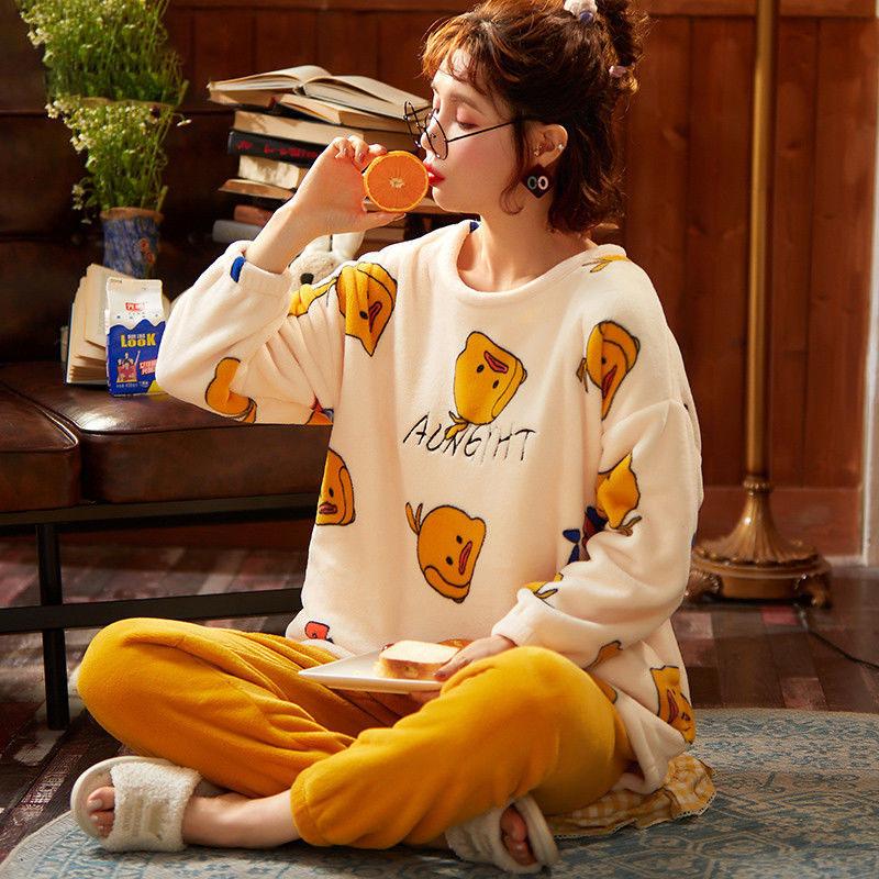 Spring and Autumn Flannel Loose Women's Pajamas Autumn and Winter Thickening and Velvet Warm Coral Fleece Home Service Suit
