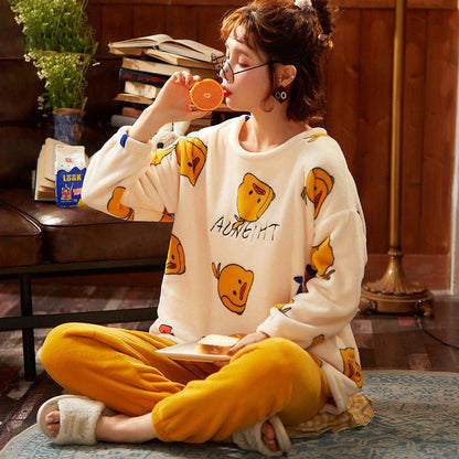 Spring and Autumn Flannel Loose Women's Pajamas Autumn and Winter Thickening and Velvet Warm Coral Fleece Home Service Suit