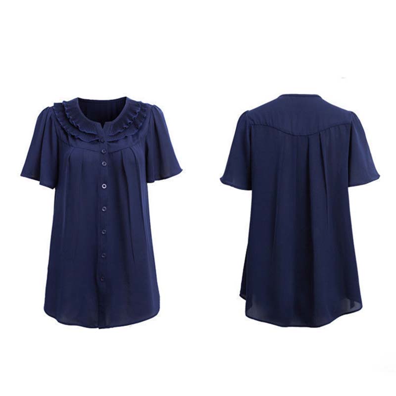 Large Size Short-sleeved Top Women's Round Neck Fungus Edge Collar Loose Thin Shirt Solid Color Chiffon Shirts Button Up Casual All Match Blouses Top