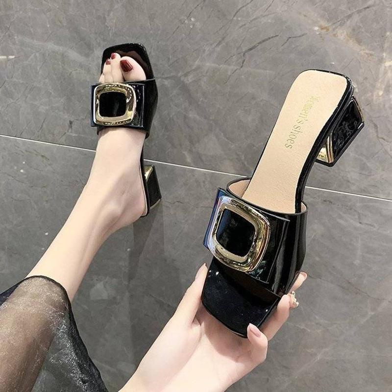 Korean Version  High-heeled Slippers Women's Summer Wear Mid-heel Sandals Fashionable  Versatile Thick-heeled Slippers