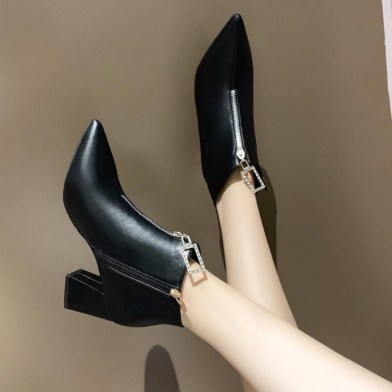 Women's Boots Autumn Winter British Wind Front Zipper Square Head Martin Boots High Heels Thick With