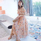 Female Floral Chiffon Medium Length Elegant Slim Super Fairy Gentle Sling Ruffle Pleated Dress