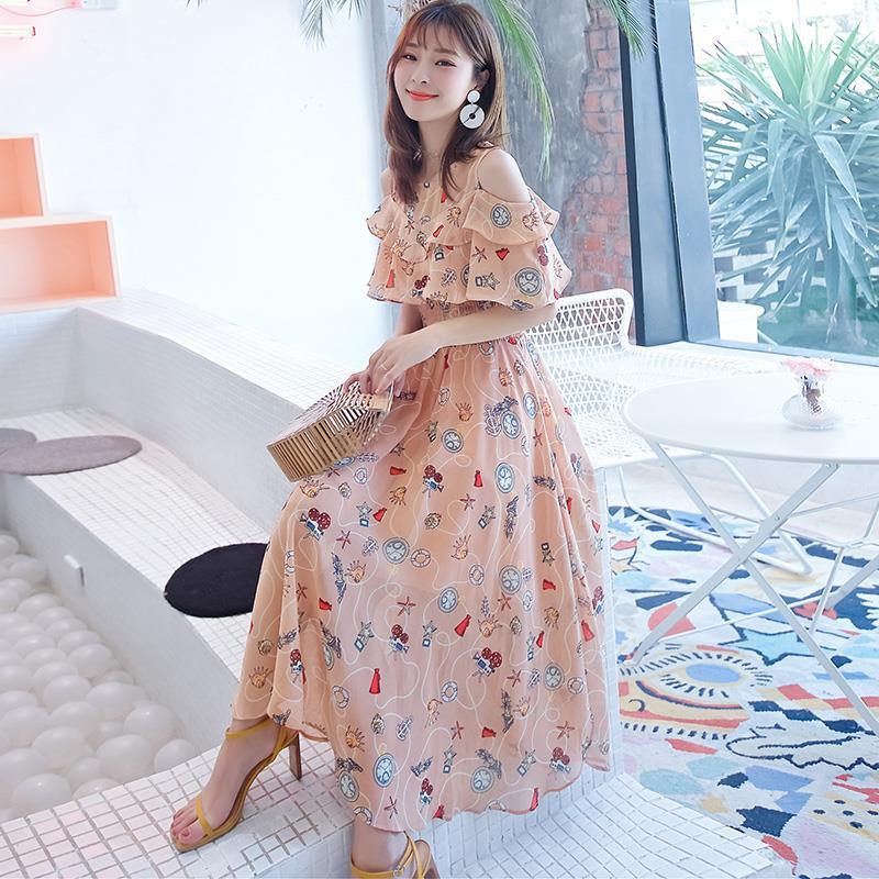 Female Floral Chiffon Medium Length Elegant Slim Super Fairy Gentle Sling Ruffle Pleated Dress