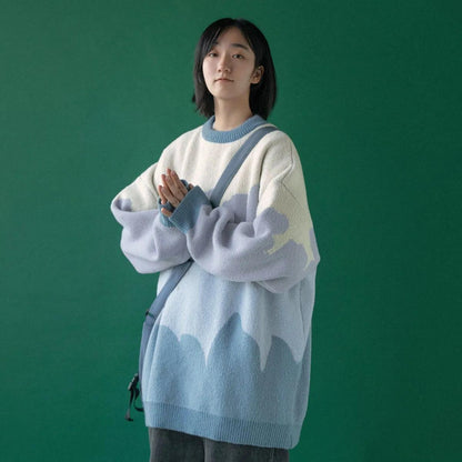 Autumn and Winter Oversize Knitting Sweater Color Matching Jumper Clothes Loose Casual Student Girls Sweaters Women Color Stitching Knit Pullover Tops