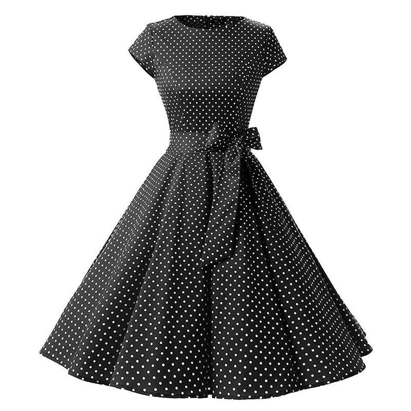 Women Vintage Retro Dot Printed Rockabilly Prom Dresses Cap-Sleeve With Belt