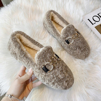 Women Winter Warm Faux Fur Flat Shoes Casual Fuzzy Loafers Ladies Slip on Plush Shoes Large Size 35-43