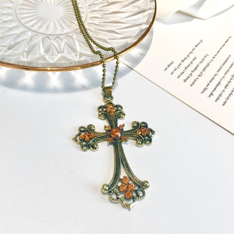 Cross Letter Clavicle Chain Champagne Diamond Crystal Necklace Sweater Chain Accessory