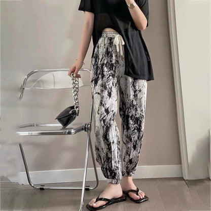 WTEMPO High Stretch Casual Pants Women Summer Thin Black and White Ink Printing Loose Harem Pants
