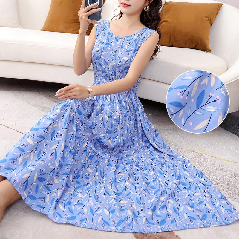 Women Ethnic Print Dress Summer Bohemia Round Neck  Sleeveless Cotton Silk Loose High Waist Vest Beach Skirt