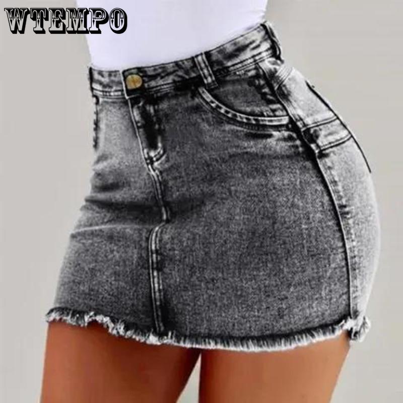 Denim Skirt Solid Color High Waist Pocket Student Short Cowboy Skirt Knee Length A-line Skirts