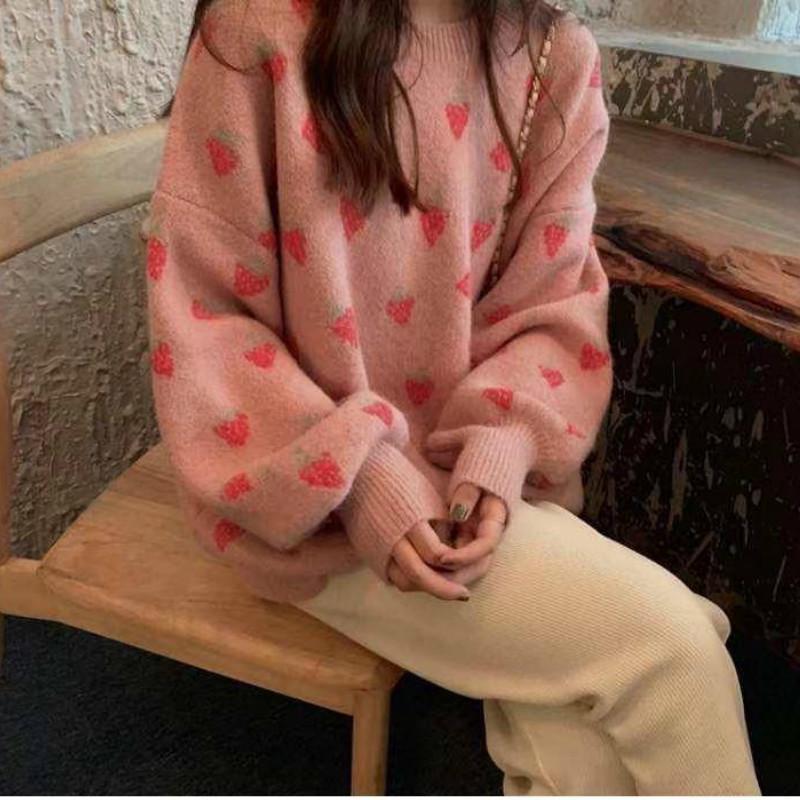 Autumn and Winter Knitted Strawberry Sweater Female Loose Round Neck Long Sleeved Sweater