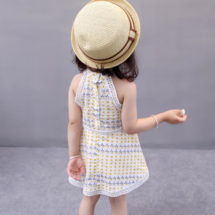 Girls' Summer Korean Style Dot Bohemian Dress Round Neck Sleeveless Dress Lace Cute Baby A-line Skirt