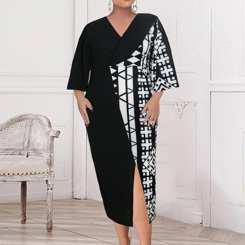 Geometric Print Plus Size 5XL Women Dress Elegant V-Neck Color Block Office Bodycon Robe Summer Casual Dresses