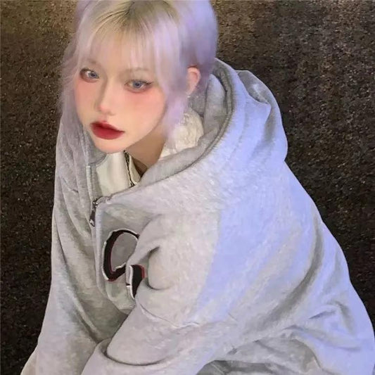 Women's Hooded Cardigan Thin Coat Sweater Autumn Student Korean Personality Loose Letter Printing Top Ins Ladies Clothes Zipper Jacket