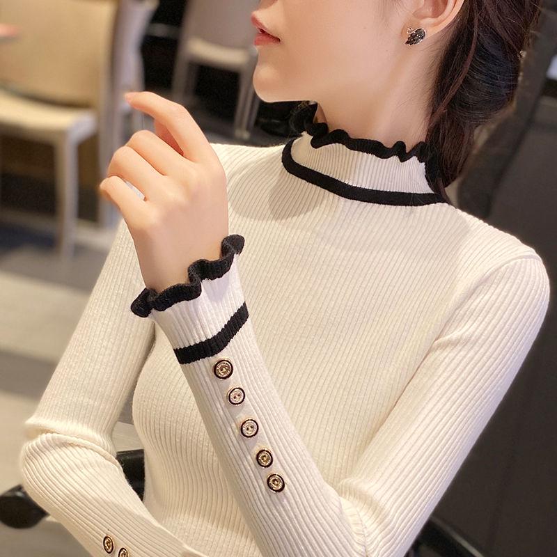 Women's Knitted Bottoming Shirt In Autumn and Winter To Wear Slim and Thin Half Turtleneck Sweater with Wood Ears Thick Western Style Sweater Top