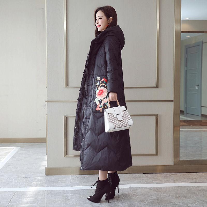 Chinese Style Cotton-padded Jacket Women's Winter Long Section Thick Ethnic Style Down Padded Jacket Over The Knee Padded Jacket Stand-up Collar Hood