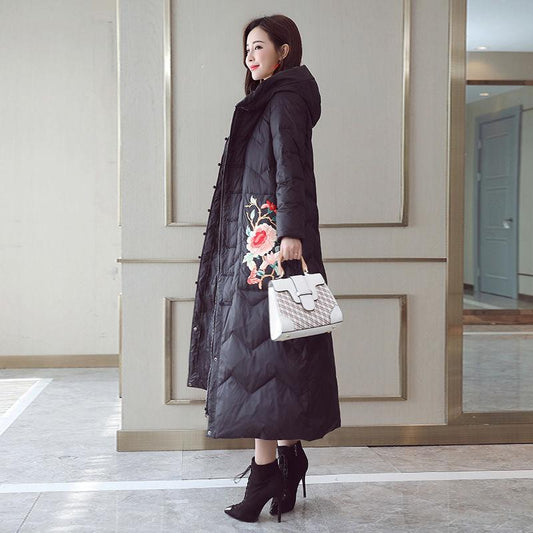 Chinese Style Cotton-padded Jacket Women's Winter Long Section Thick Ethnic Style Down Padded Jacket Over The Knee Padded Jacket Stand-up Collar Hood