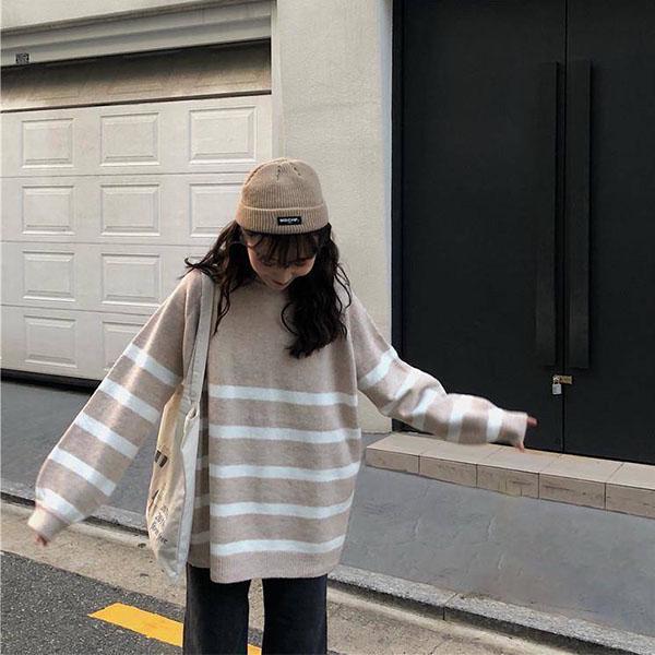 Autumn and Winter College Style Round Neck Striped Sweater Female Student Loose Mid-length Top Sweater Coat