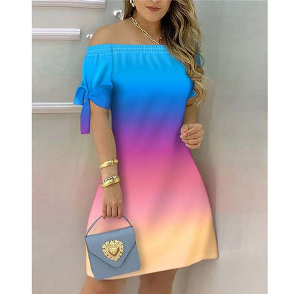 European and American Dress Women's Casual Fashion Home Gradient Color Straight Shoulder Dress