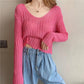 Girly White V-neck Sweater Women Spring and Autumn Korean Loose Thin Long-sleeved Sunscreen Top