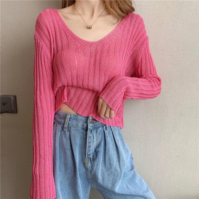 Girly White V-neck Sweater Women Spring and Autumn Korean Loose Thin Long-sleeved Sunscreen Top