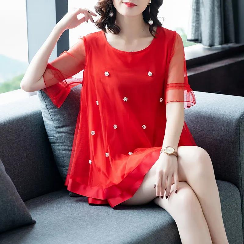 Women's Summer Plus Size Short Sleeve Top Mesh Loose Versatile V-Neck T-Shirt