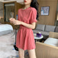 Send A Belt T-shirt Female Mid-length Short-sleeved Loose All-match T-shirt Dress Solid Color Students