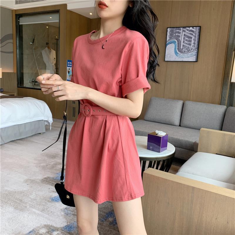 Send A Belt T-shirt Female Mid-length Short-sleeved Loose All-match T-shirt Dress Solid Color Students