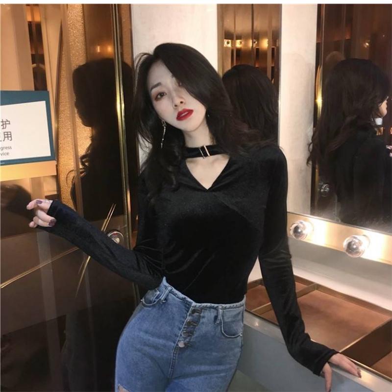 Pofulove V-neck Sexy Long Sleeve Gold Velvet T-Shirt Black Sweater Women Retro Slim Slim Deep