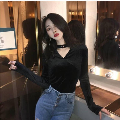 Pofulove V-neck Sexy Long Sleeve Gold Velvet T-Shirt Black Sweater Women Retro Slim Slim Deep