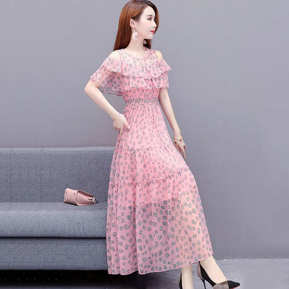 Mesh Chiffon Floral Dress Female Summer Off-shoulder Beach Skirt Over The Knee Long A-line Skirt Big Skirt Hemline Waist Slim Cute Dress Female