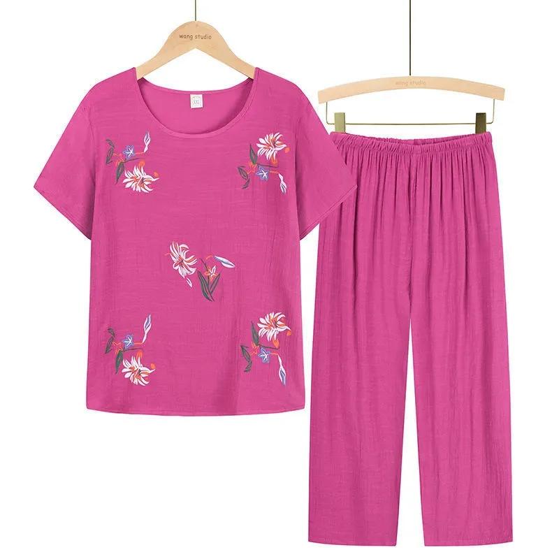 Women Clothes Summer Cotton and Linen Homewear Set Short Sleeve Floral Print T-shirt Pants Loose Two Pieces Set Outfit for Middle-aged Large Size