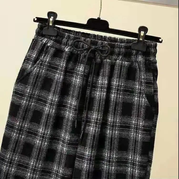 Plus Size Women's Winter Plus Velvet Thickening High Waist Warm Plaid Pattern Loose Slimming Casual Pants Fashion Harem Pants