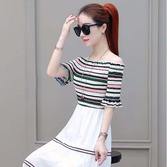 Pofulove S-2XL Women Vintage Off-shoulder A-line Dress Slim Single-neck Mid-length Dress Beach Dress