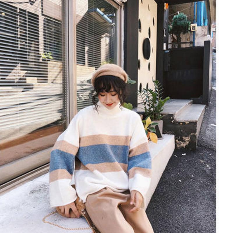 Pofulove small fresh cute female thick sweater women loose wild sweater striped shirt women