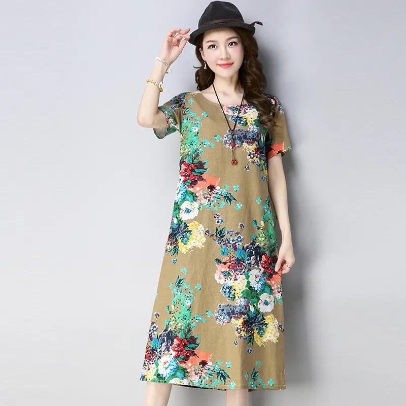 XL-XXXXXL Plus Size Women Summerfolk Style RetroMid-length Printed Over-the-knee Dress Short Sleeve Mom A-line Skirt