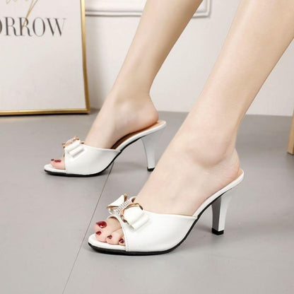 High-heeled Slippers Summer Wear Korean Style Bow Thong Stiletto Medium-heeled Women's Shoes