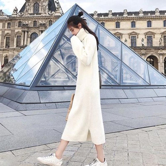 Fall/winter Turtleneck Pullover Skirt Over-the-knee Slim White Bottoming Skirt