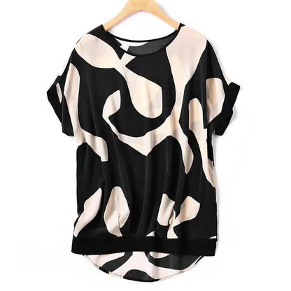 Imitation Silk Stitching T-shirt Women Spring and Summer New Short-sleeved Loose Round Neck Printed Top Blouse