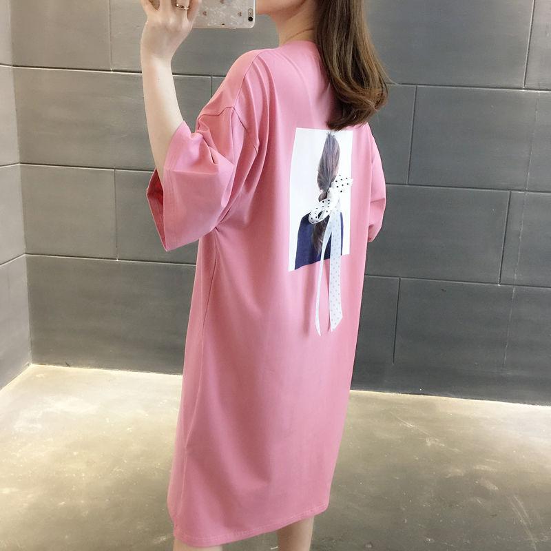 Long Split Back Bow Women Dress Girl Loose O-Neck Batwing Sleeve Casual T-shirt Dress Big Loose