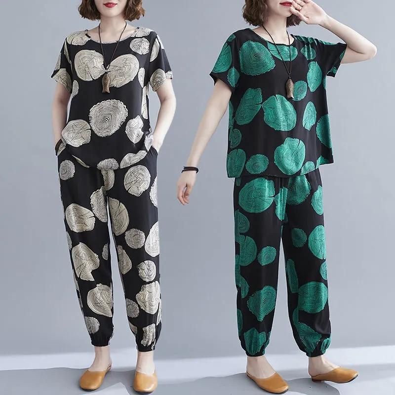 Women Summer Homewear Pajamas Set Short Sleeve Ninth Pants Casual Two Piece Set Print Loose Large Size Top and Pants Comfortable Tracksuirt Pajama Set