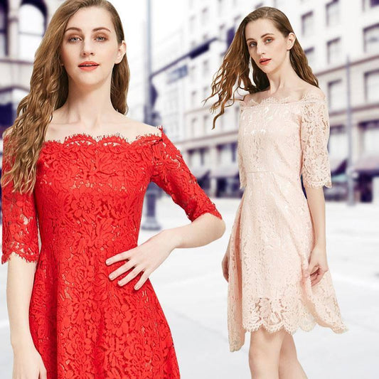 Fashion Summer Off-shoulder Sexy Slash Neck Red Lace Dress Knee-length Asymmetrical Party Dress