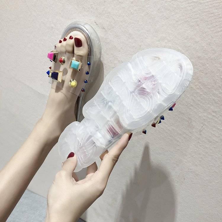 Student shoes ins slippers female crystal sole sports sandals transparent word belt colorful rivets