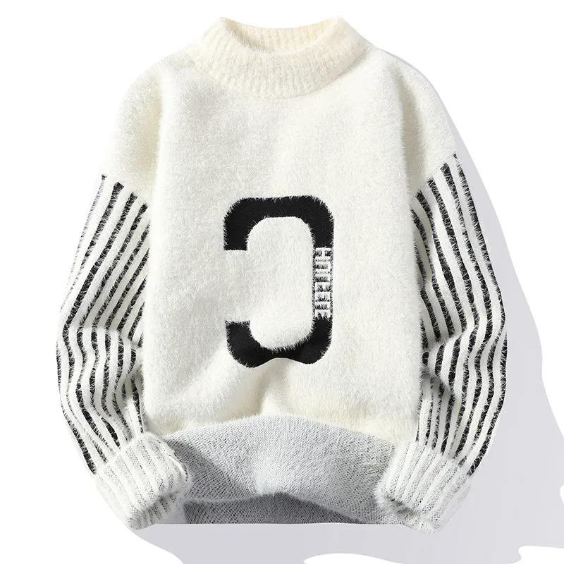 Sweater Men's Autumn and Winter Plus Velvet Thick Warm Bottoming Shirt Half High Neck Pattern Sweater