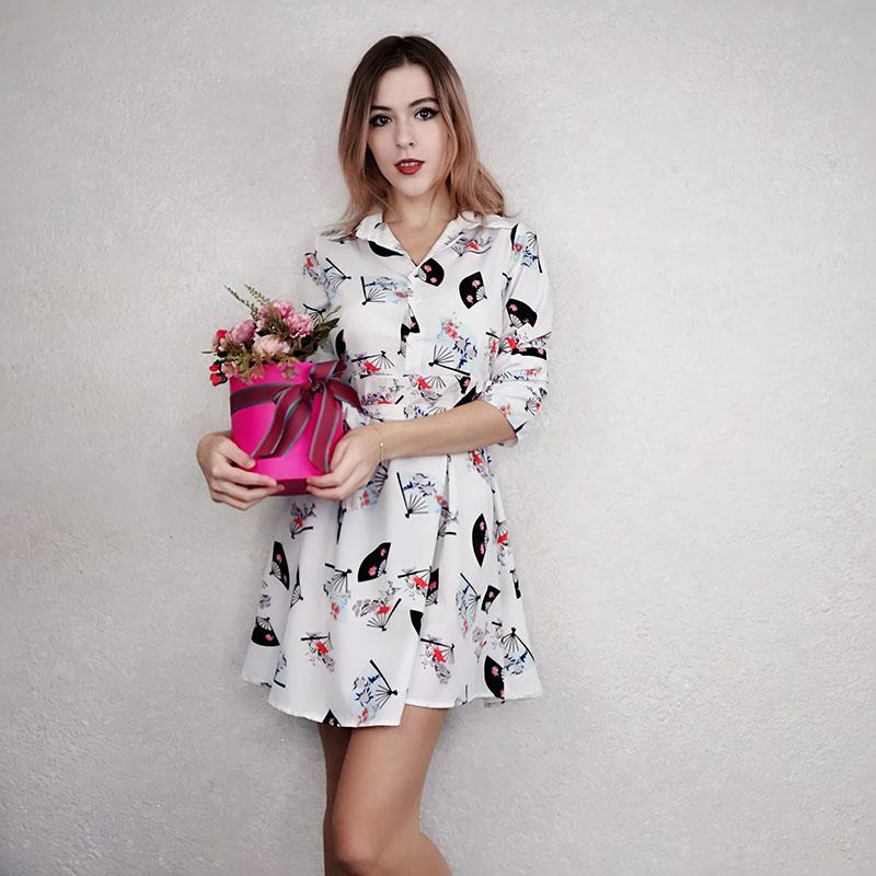 Spring Autumn Plus Size Shirt Dress Slim Mid-length Print Shirt Dress OL Casual A-line Dress with Belt