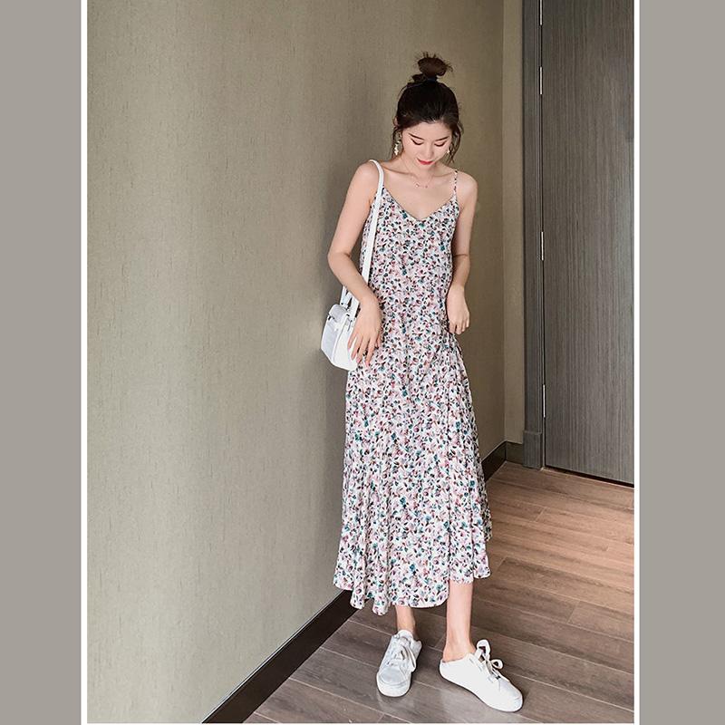 Floral Sling Skirt Cute Sweet Girl V-neck Mid-length Dress Sleeveless