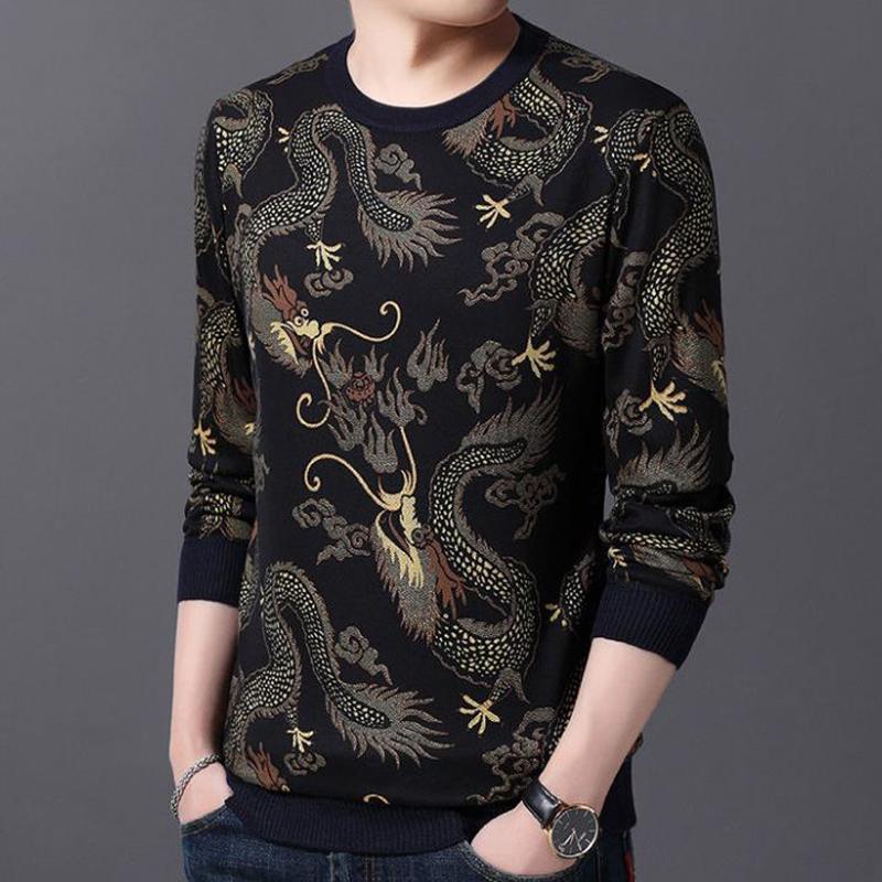 WTEMPO Thermal Pullover Cashmere Padded Shirt Dragon Print Shirt Winter Soft and Comfortable Pullover for Men
